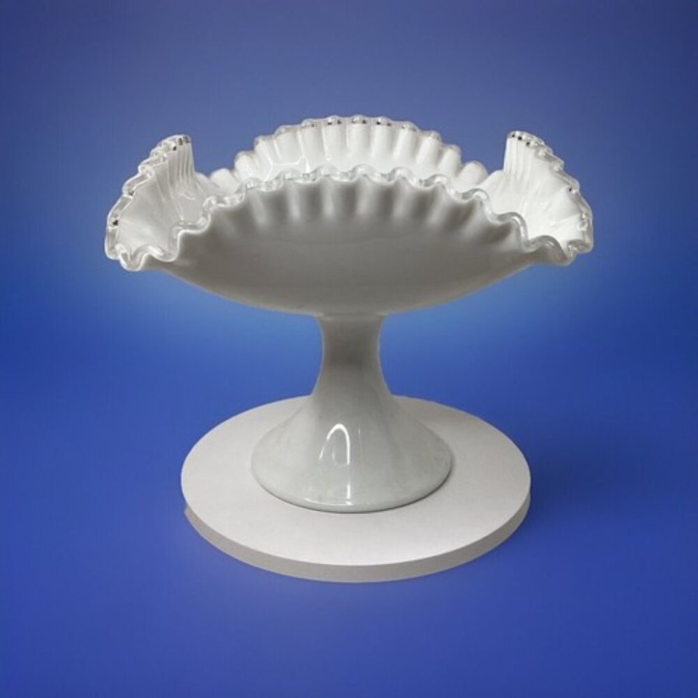 Fenton large square Silver crest white milk glass ruffled footed pedestal bowl - Picture 2 of 5
